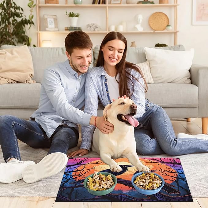 Halloween Raven Dog Food Mat for Floors Absorbent, Quick Dry Water Dispenser Mat for Food, Water, Pet Supplies 24" x 32", Moon Night