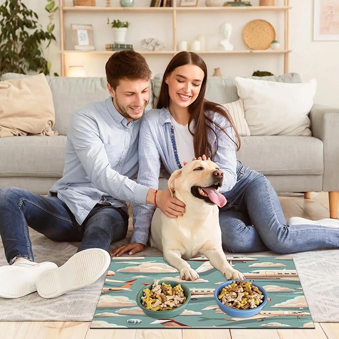 Plane Airplane Dog Food Mat for Floors Absorbent, Quick Dry Water Dispenser Mat for Food, Water, Pet Supplies 16" x 24", White Clouds