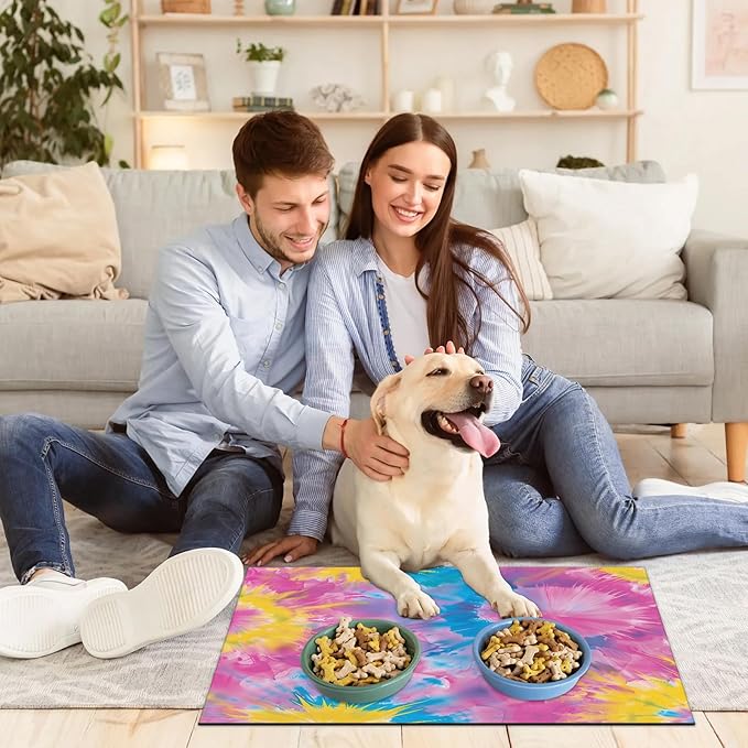 Tie Dye Dog Food Mat for Floors Absorbent, Quick Dry Water Dispenser Mat for Food, Water, Pet Supplies 17" x 30", Pink Yellow Blue