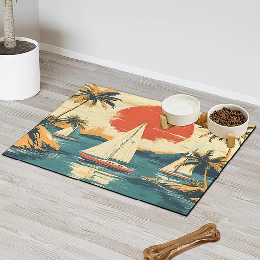 Coastal Ship Dog Food Mat for Floors Absorbent, Quick Dry Water Dispenser Mat for Food, Water, Pet Supplies 24" x 32", Sunset Palm Tree
