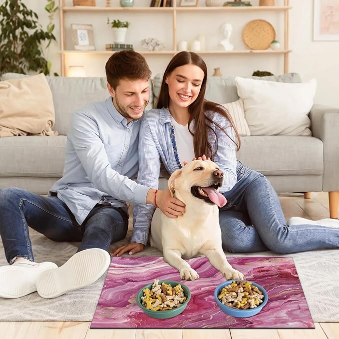 Pink Marble Dog Food Mat for Floors Absorbent, Quick Dry Water Dispenser Mat for Food, Water, Pet Supplies 12" x 20", Abstract