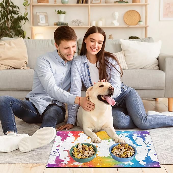Colorful Graffiti Dog Food Mat for Floors Absorbent Dog Bowl Mat for Food and Water Dispenser Quick Dry Cat Food Placemat Pet Supplies 12" x 20", Cool Graffiti