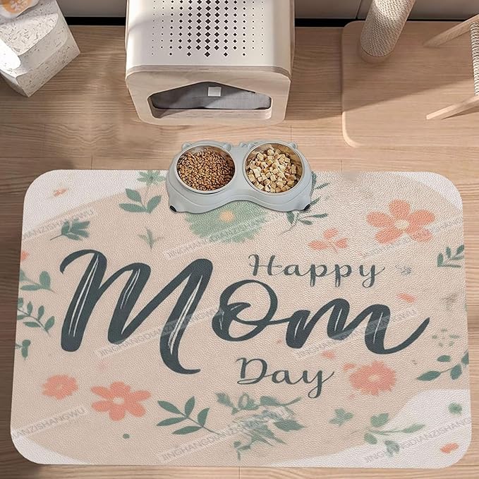 Absorbent Dog Water Cat Mat for Food Water Bowl Quick Dry Happy Mother's Day Floral Gift for Mom Ji Pet Feeding Mats No Stains Dog Food Mat Pet Accessories Supplies Cat Bowl Mats 24x16In