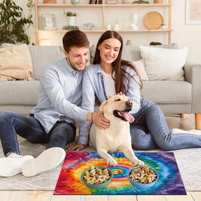Tie Dye Dog Food Mat for Floors Absorbent, Quick Dry Water Dispenser Mat for Food, Water, Pet Supplies 17" x 30", Colorful Rainbow