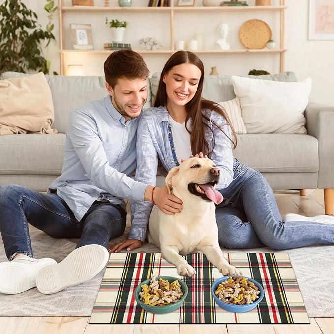 Tartan Plaids Dog Food Mat for Floors Absorbent, Quick Dry Water Dispenser Mat for Food, Water, Pet Supplies 24" x 32", Green White Check