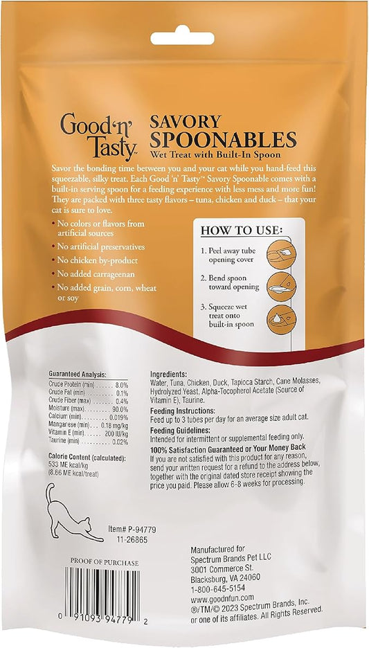 Good 'n' Tasty Savory Spoonables with Real Tuna, Chicken and Duck for Cats, 10 Count, Treat Your Cat to Triple Flavor Squeezable Lickable Wet Treats with Built-in Spoon for Less Mess