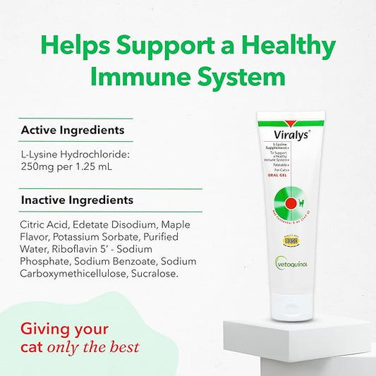 Vetoquinol Viralys Daily L-Lysine Gel for Cats and Kittens, Maple Flavored Lysine Supplement for Cats and Kittens to Support Immune Health, Normal Eye Function and Respiratory Health, 5oz
