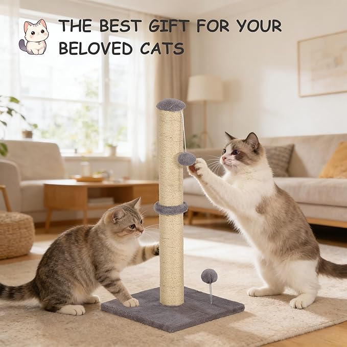 22 Inch Cat Scratching Post Cat Scratcher, Natural Sisal Rope Scratch Post Trees with Hanging Ball for Indoor Kittens