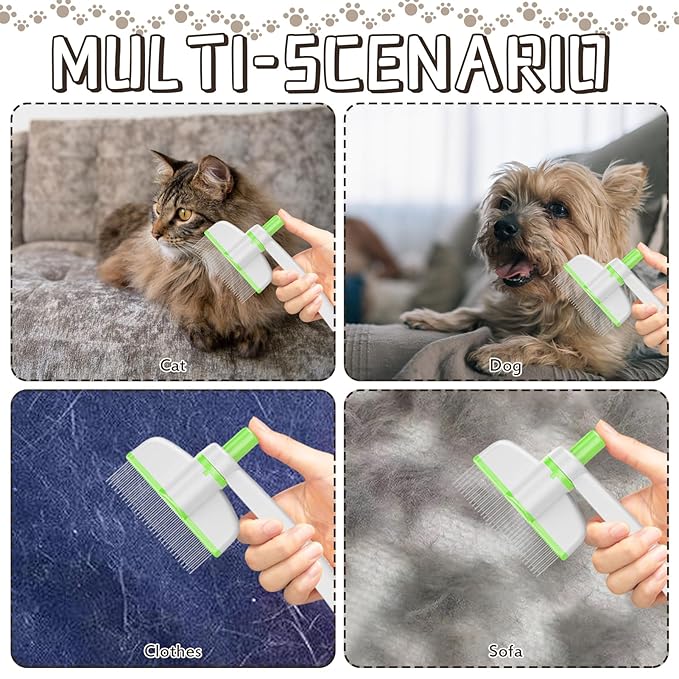 Pet Hair Removal Comb, 2025 Upgraded One Click Self Cleaning Grooming Brush, Cat Brush Comb with Non slip Handle for Short & Long Hair, Pet Grooming Supplies for Cats & Dogs Massaging (green)