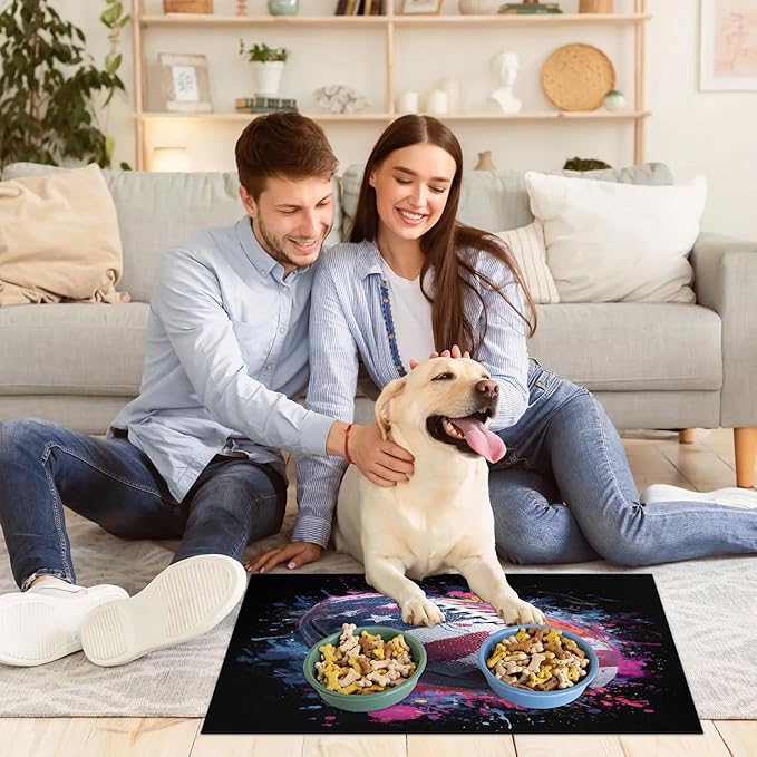 Rugby American Flag Dog Food Mat for Floors Absorbent, Quick Dry Water Dispenser Mat for Food, Water, Pet Supplies 17" x 30", 4th of July