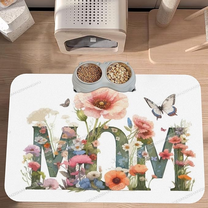 Pet Feeding Mat for Floors Waterproof Dog Mat for Food and Water Happy Mother's Day Floral Gift Mom Jr Absorbent Quick Dry Non Slip Mats Cat Bowls 24x16In