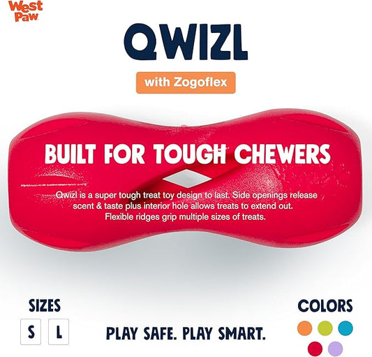 WEST PAW Zogoflex Qwizl Dog Puzzle Treat Toy β Interactive Chew Toy for Dogs β Dispenses Pet Treats β Brightly-Colored Dog Enrichment Toy for Aggressive Chewers, Fetch, Catch, Large 6.5", Ruby