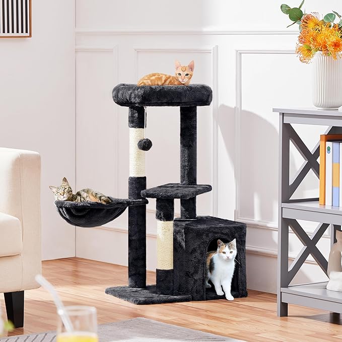 Yaheetech 34.5in Scratching Post, Cat Scratchers for Indoor Cats and Kittens, Multifunctional Activity Post w/Sisal Rope&Dangling Ball&Large Condo, Black
