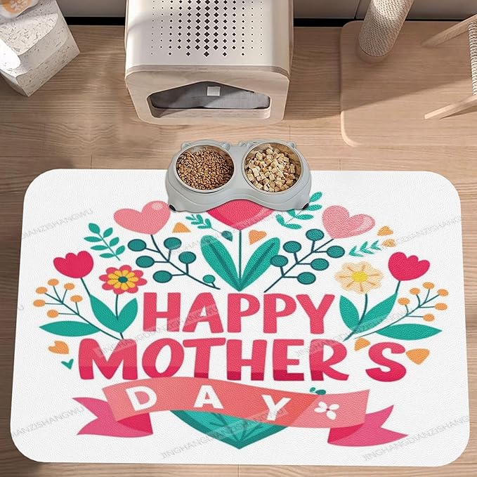 Dog Food Mat Dog Mat for Food and Water 24x16In Happy Mother's Day Floral Gift Mom Z No Stains Cat Pet Feeding Mats Water Bowl for Messy Drinkers
