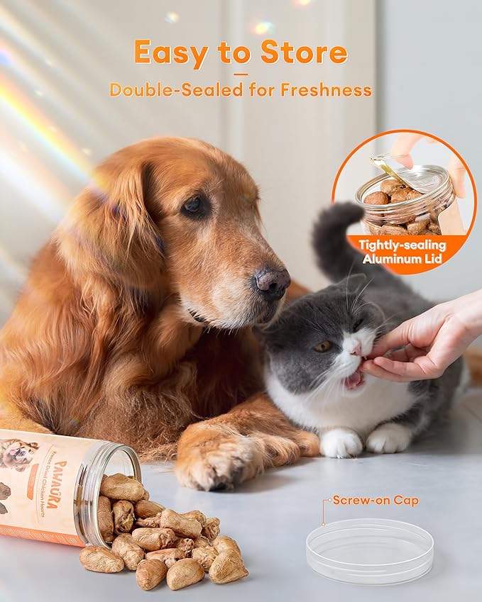 Freeze-Dried Chicken Hearts Cat & Dog Treats, 3.52 oz — High Protein, Single Ingredient, Grain Free, No Additives or Preservatives, Sealed Box