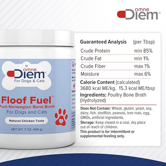 OmneDiem Floof Fuel for Cats & Dogs - Pure Norwegian Poultry Bone Broth - Pet Food Topper - Tasty Chicken Flavor, Rich in Protein - Supports The Health of The Joints, Gut, Skin & Coat - 7oz (198g)