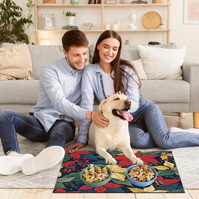 Red Poinsettia Dog Food Mat for Floors Absorbent, Quick Dry Water Dispenser Mat for Food, Water, Pet Supplies 12" x 20", Xmas Florals