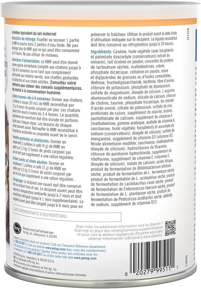 PetAg KMR Kitten Milk Replacer Powder - 12 oz - Powdered Kitten Formula with Prebiotics, Probiotics & Vitamins for Kittens Newborn to Six Weeks Old- Easy to Digest