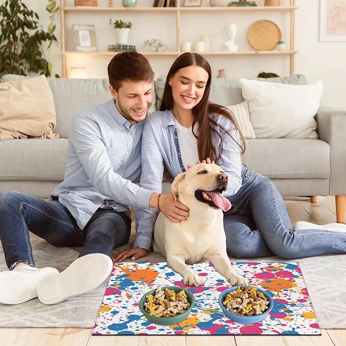 Colorful Graffiti Dog Food Mat for Floors Absorbent Dog Bowl Mat for Food and Water Dispenser Quick Dry Cat Food Placemat Pet Supplies 24" x 32", Watercolor Graffiti