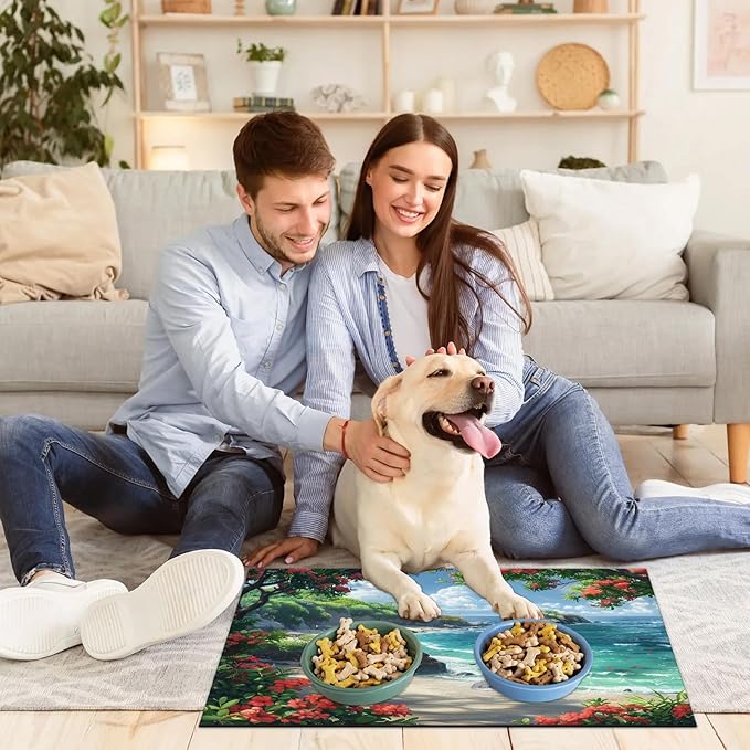 Sea Ocean Dog Food Mat for Floors Absorbent, Quick Dry Water Dispenser Mat for Food, Water, Pet Supplies 16" x 24", Hawaiian Beach
