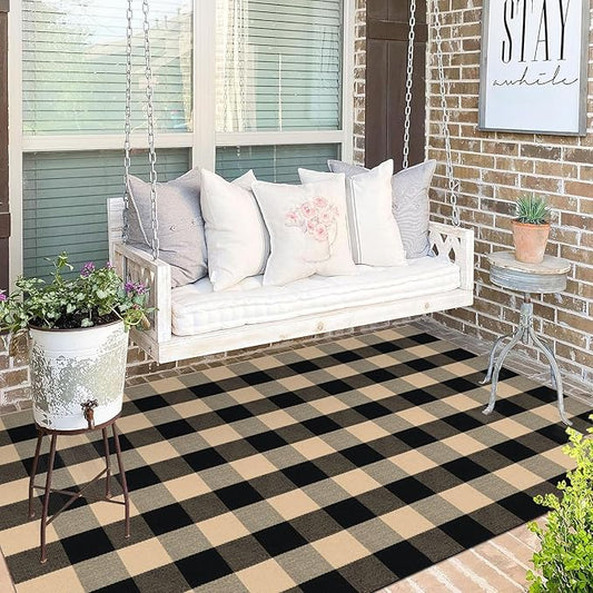 KOZYFLY Buffalo Plaid Area Rug 4 x 6 Ft Brown and Black Checkered Rug Washable Outdoor Rugs Cotton Rugs for Bedroom Front Door Mat Carpet for Front Porch Living Room Dining Room Kitchen