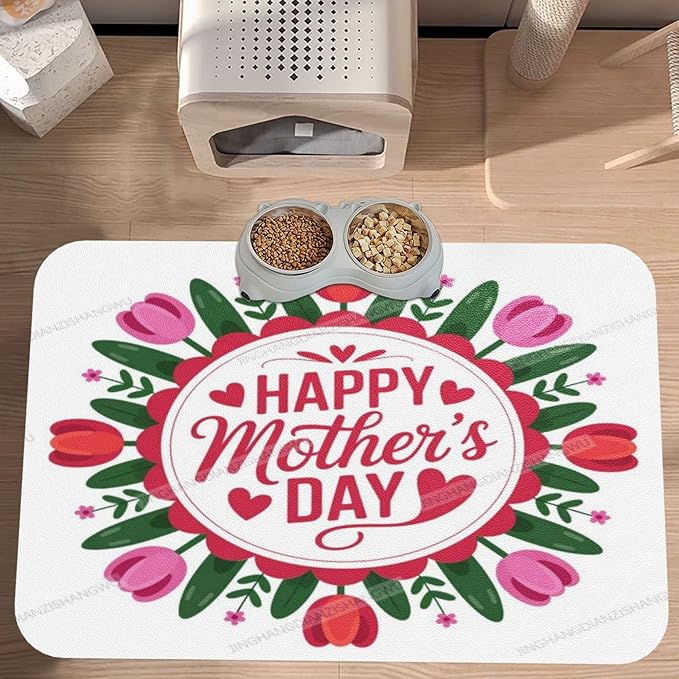 Dog Food Mat for Floors Absorbent Quick Drying Happy Mother's Day Floral Gift for Mom Tulip Er Pet Cat Food Mat Easy-to-Clean Pet Feeding Mats Dog Bowl Mats 24x16In