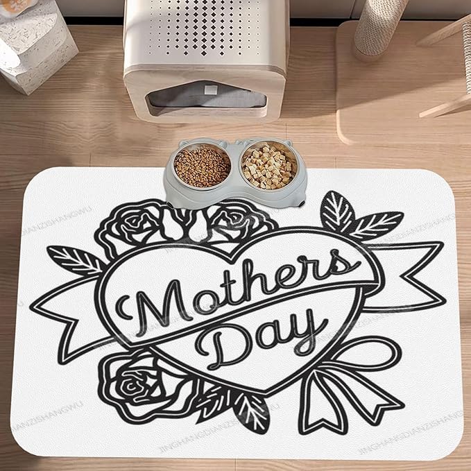 Pet Cat Dog Food Mat Absorbent Dog Feeding Mat Happy Mother's Day Simple Heart Gift Mom No Stains Cat Food Mats Indoor Pet Supplies Dogs Placemat Water Bowl Mats with Rubber Backing 24x16In