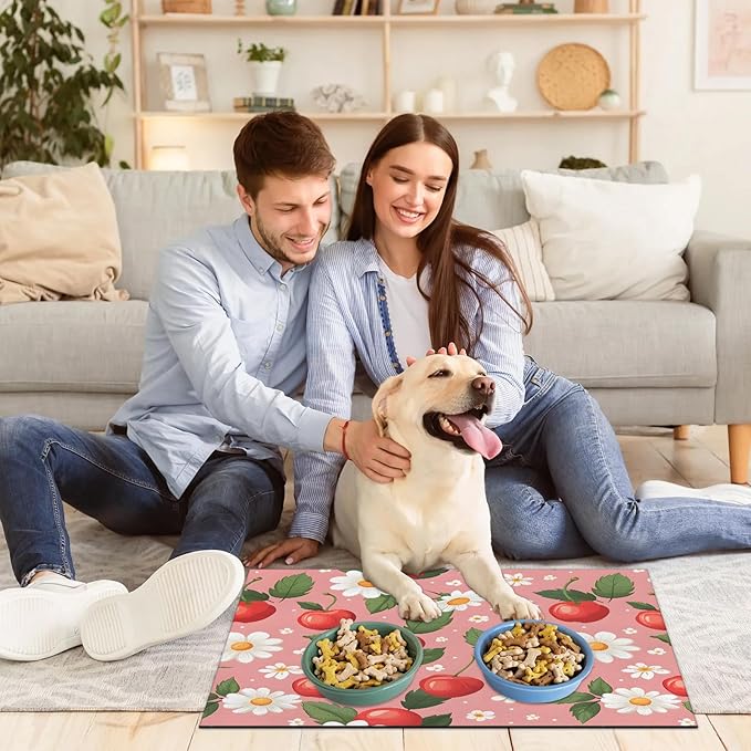 Red Cherry Dog Food Mat for Floors Absorbent Dog Bowl Mat for Food and Water Dispenser Quick Dry Cat Food Placemat Pet Supplies 24" x 32", Daisy Flowers