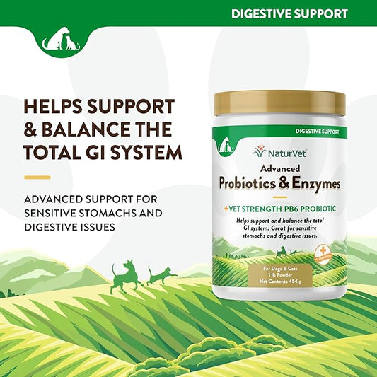 NaturVet β Advanced Probiotics & Enzymes - Plus Vet Strength PB6 Probiotic | Supports and Balances Pets with Sensitive Stomachs & Digestive Issues | for Dogs & Cats (1 lb)