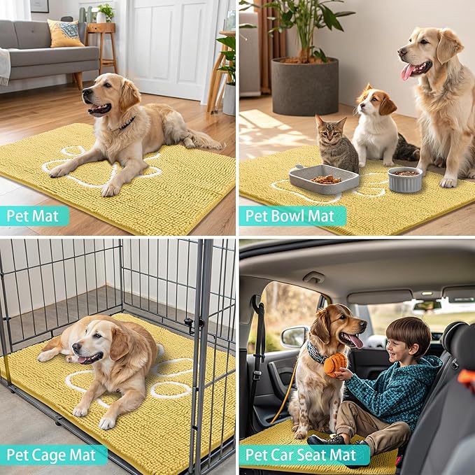 Smiry Dog Door Mat for Muddy Paws, Absorbent Dirt Trapper Non Slip Quick Dry Washable Chenille Mat for Mud Dogs, Entry Rug for Indoor and Outdoor (30x20 Inches, Yellow and White)