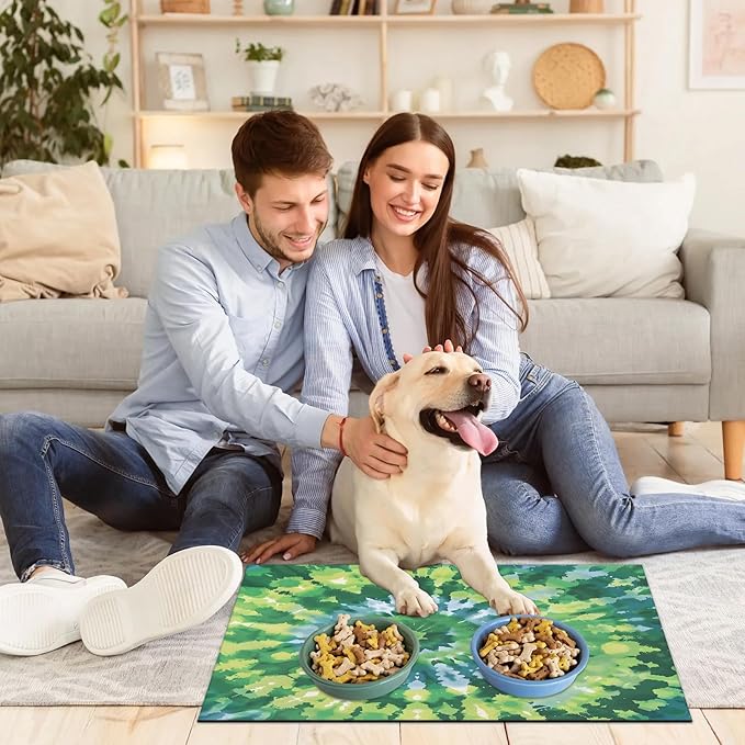 Tie Dye Dog Food Mat for Floors Absorbent, Quick Dry Water Dispenser Mat for Food, Water, Pet Supplies 17" x 30", Green Abstract