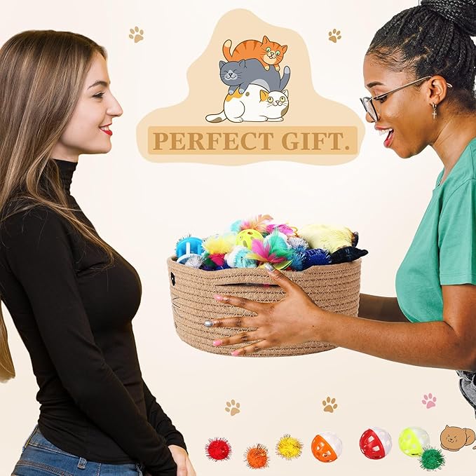 Zopeal 58 Pcs Easter Cat Storage Basket Gift Toys Set, Colorful Flashing Balls Pet Bell Crinkle Balls Spring Toys Attract Cat to Swat, Hunt, Interactive for Pet(Khaki,9.8 Inch)