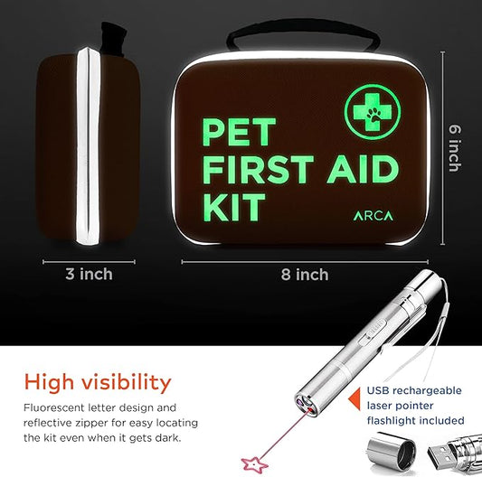 Cat & Dog First Aid Kit - High Visibility Reflective Zipper with Fluorescent Letter Print - 100 pcs with Dog Thermometer, Tick Remover Kit & Pet First Aid Kit Manual Book
