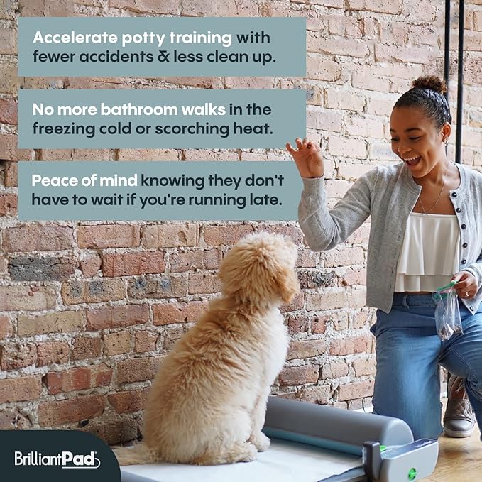 BrilliantPad Smart Indoor Dog Potty for Small Pets | Self Cleaning with Odor Control, AI Health Monitoring, Puppy Training Alternative to Grass Turf | Includes 1 Absorbent Pad Roll & 3 Training Sprays
