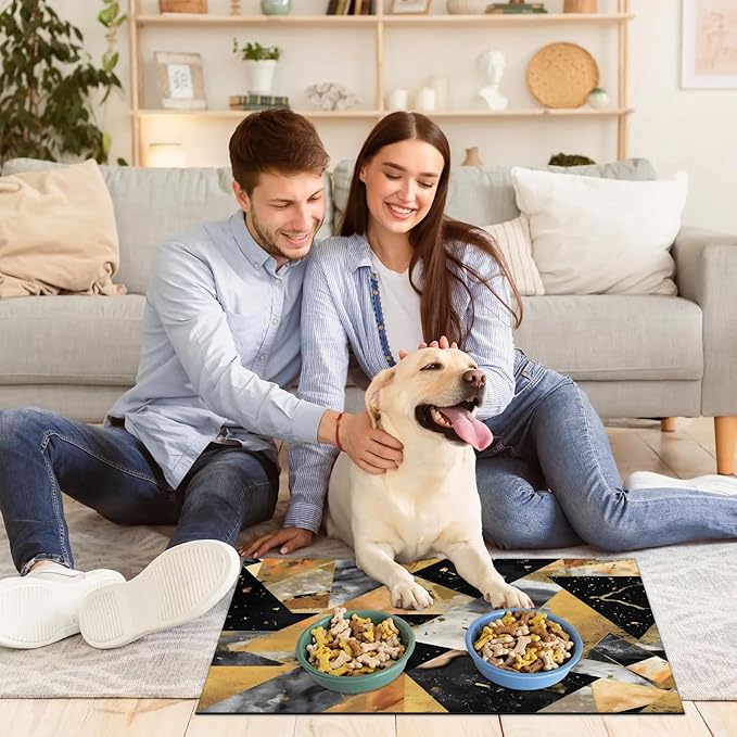 Marble Dog Food Mat for Floors Absorbent, Quick Dry Water Dispenser Mat for Food, Water, Pet Supplies 16" x 24", Black Gold Abstract