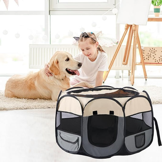 Pet Cat Playpen for Indoor Cats Enclosed,Puppy Small Dog Cat Tent Crates Cage,Portable Pet Dog Playpen,29x29x16,Grey/Beige,1Pack