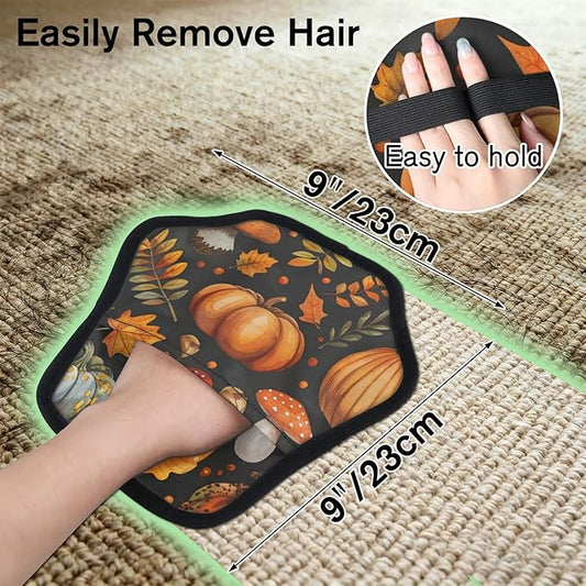 Reusable Pet Hair Removal Glove Pumpkin Mushroom Leaves Magic Brush for Cat & Dog Hair Remover for Car, Sofa, Bedding, Clothes - 9x9 Mitt Washable