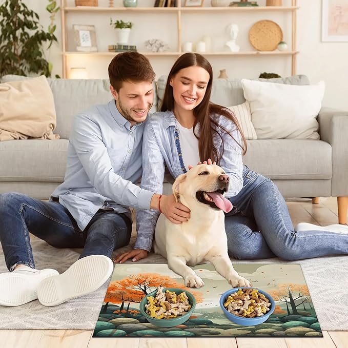 Fall Forest Dog Food Mat for Floors Absorbent, Quick Dry Water Dispenser Mat for Food, Water, Pet Supplies 16" x 24", Nature Tree Plant