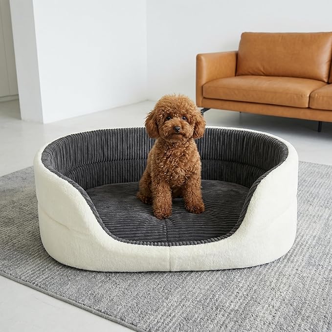Medium Dog Bed Cat Bed 18x26 Inch, Calming Pet Bed for Small Dogs & Cats, Half-Enclosed Open-Top Velvet Anti-Anxiety Bed, Machine Washable Cozy Snuggle Bed (White)