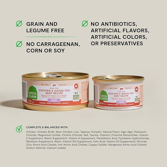 Open Farm Canned Cat Food, Pate for Complete & Balanced Nutrition, Grain-Free and Legume-Free Wet Cat Food, Chicken & Beef Recipe, 5.3oz Cans (Case of 12)