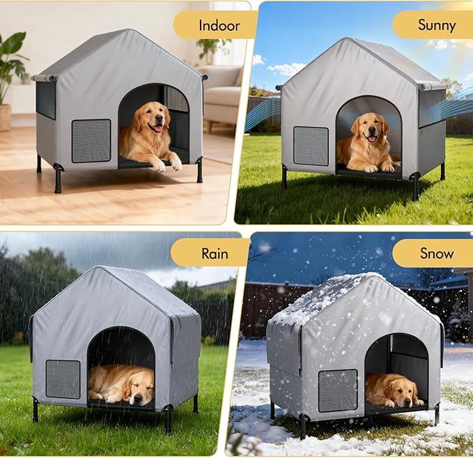 Outdoor Dog House for Small Large Dogs, Waterproof & Snowproof 600D Oxford Dog House with Elevated Dogs Bed, Pet Canopy Tent for Doggie, Cats, Small Animals, Grey