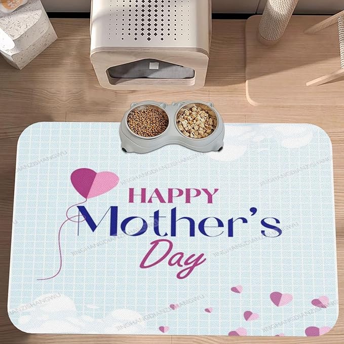 Dog Food Mat for Floors Absorbent Quick Drying Happy Mother's Day Floral Gift for Mom Hd Pet Cat Food Mat Easy-to-Clean Pet Feeding Mats Dog Bowl Mats 24x16In