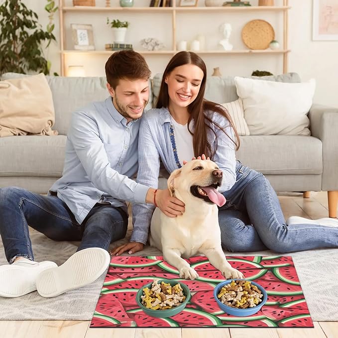 Watermelon Dog Food Mat for Floors Absorbent Dog Bowl Mat for Food and Water Dispenser Quick Dry Cat Food Placemat Pet Supplies 24" x 32", Summer Fruit