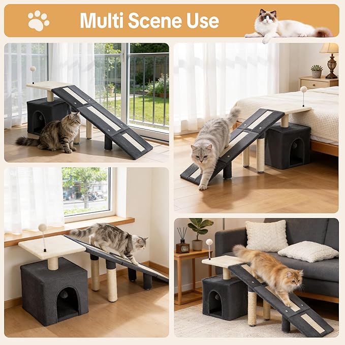 HOMBYS Cat Ramp for Bed, Gentle Slope Bed Access Ramp with Fun Spring Ball Toy & Sisal Scratching Posts, Soft Pet Ramp for Elderly Cats, Joint-Friendly Alternative to Cat Stairs