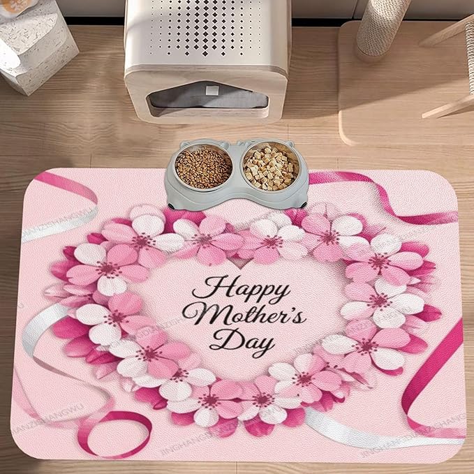 Pet Feeding Mat Happy Mother's Day Floral Gift for Mom Gw Absorbent Pet Placemat for Food Water Bowl with Waterproof Rubber Backing 18X12In Quick Dry Water Dispenser Mat Dog Cat