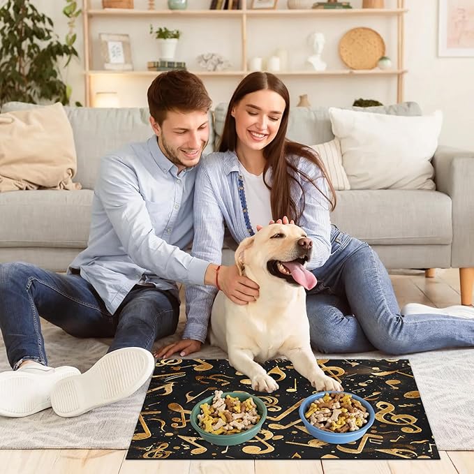 Gold Note Dog Food Mat for Floors Absorbent Dog Bowl Mat for Food and Water Dispenser Quick Dry Cat Food Placemat Pet Supplies 16" x 24", Music