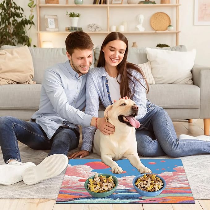 Cloud Dog Food Mat for Floors Absorbent, Quick Dry Water Dispenser Mat for Food, Water, Pet Supplies 16" x 24", Lake Tree