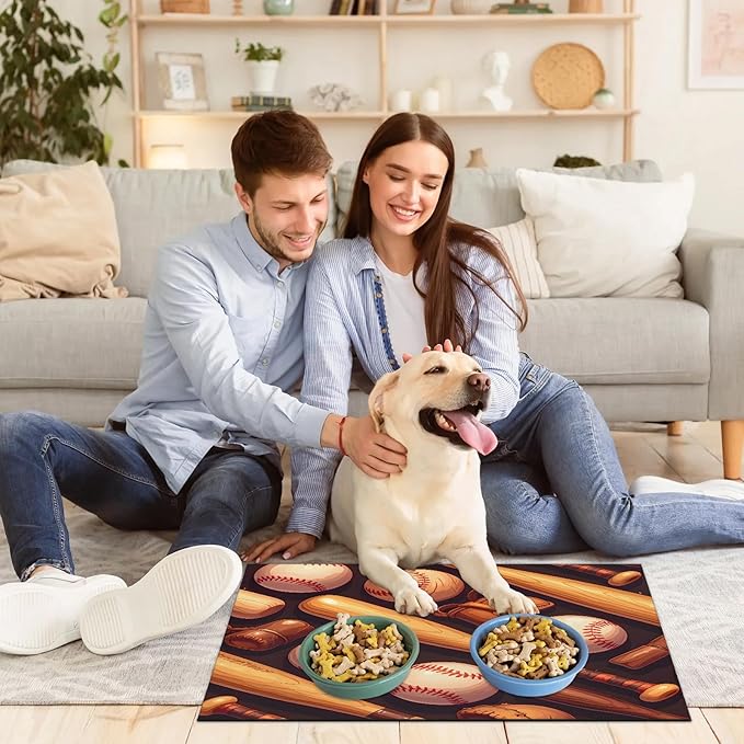 Vintage Baseball Dog Food Mat for Floors Absorbent, Quick Dry Water Dispenser Mat for Food, Water, Pet Supplies 17" x 30", Sport Theme