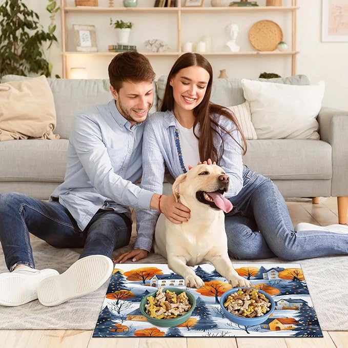 Village Hills Dog Food Mat for Floors Absorbent, Quick Dry Water Dispenser Mat for Food, Water, Pet Supplies 16" x 24", Winter Tree