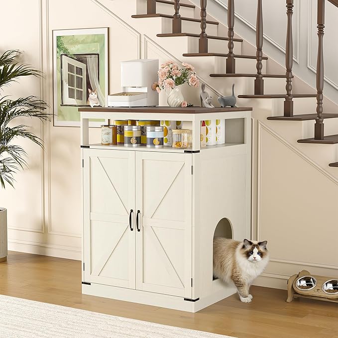 Large Litter Box Furniture with Charging Station and Shelves, Wooden Cat Litter Box Enclosure for Self-Cleaning Litter Boxes, White